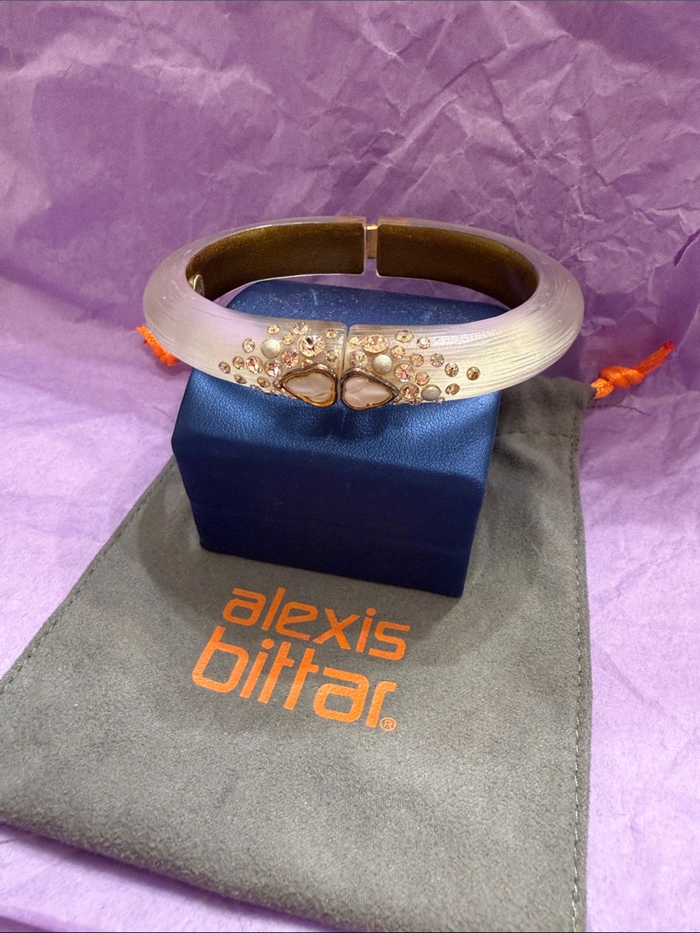 Alexis Bittar Lavender Lucite Hinged Bangle with Crystal Heart Accents
